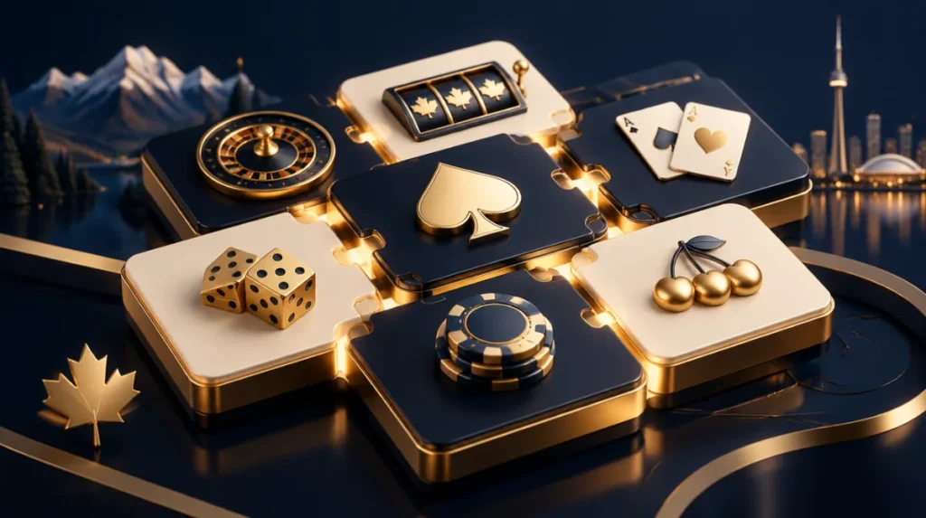 A modular casino platform shown as interlocking glowing tiles with game icons
