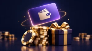 A violet e-wallet card glowing above a stack of gold casino chips with a wrapped bonus gift box