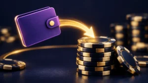 A violet e-wallet card sending a glowing payment arrow into a stack of casino chips