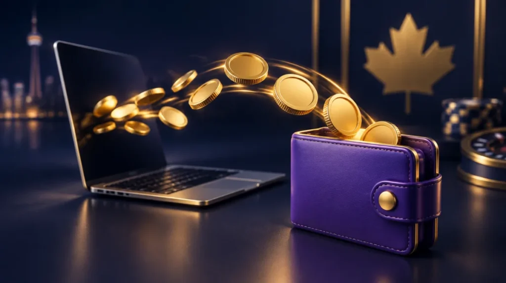 A violet e-wallet card receiving a stream of gold coins from a laptop
