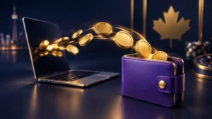 A violet e-wallet card receiving a stream of gold coins from a laptop