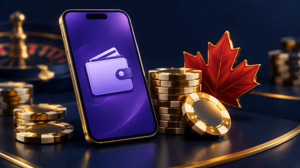 A smartphone showing a violet e-wallet screen next to gold casino chips and a red maple leaf