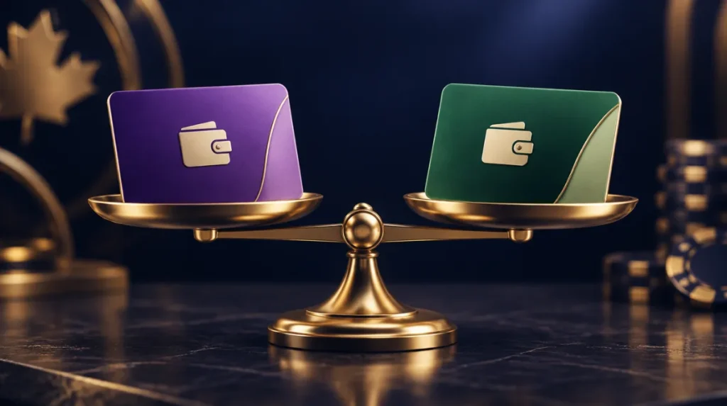 A violet e-wallet card and a green e-wallet card facing each other on a scale