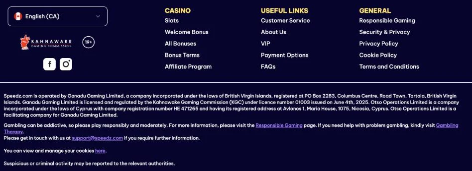 Screenshot of the Speedz Canada footer showing the Kahnawake Gaming Commission and 19+ badges and the statement that Ganadu Gaming Limited is licensed by the KGC under licence number 01003