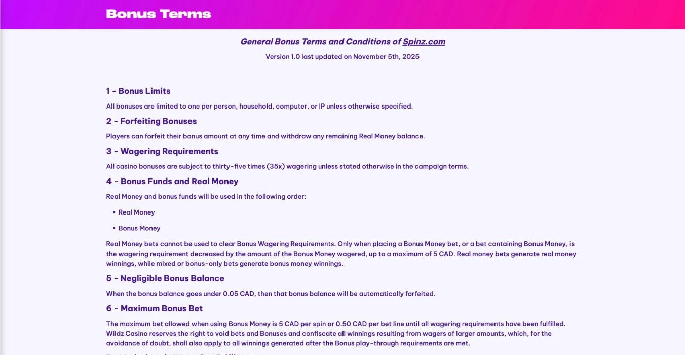 Screenshot of the Spinz Canada general bonus terms showing 35x wagering on casino bonuses and a maximum bet of 5 CAD per spin or 0.50 CAD per bet line with bonus money