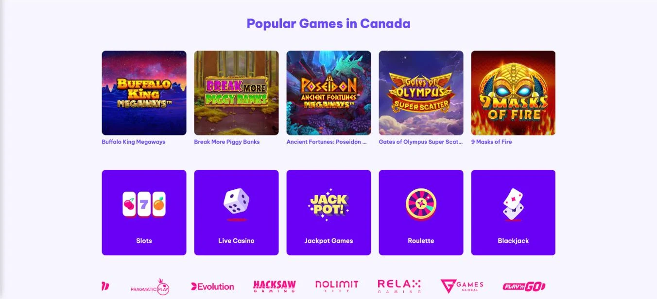 Screenshot of the Spinz Canada lobby showing popular slots, game categories and providers including Pragmatic Play, Evolution, Hacksaw Gaming, Nolimit City, Relax Gaming and Play n GO