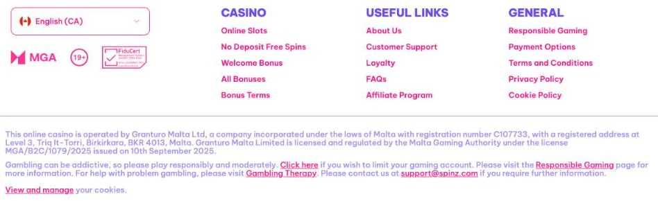 Screenshot of the Spinz Canada footer showing the MGA and 19+ badges and the statement that Granturo Malta Ltd is licensed by the Malta Gaming Authority under licence MGA/B2C/1079/2025
