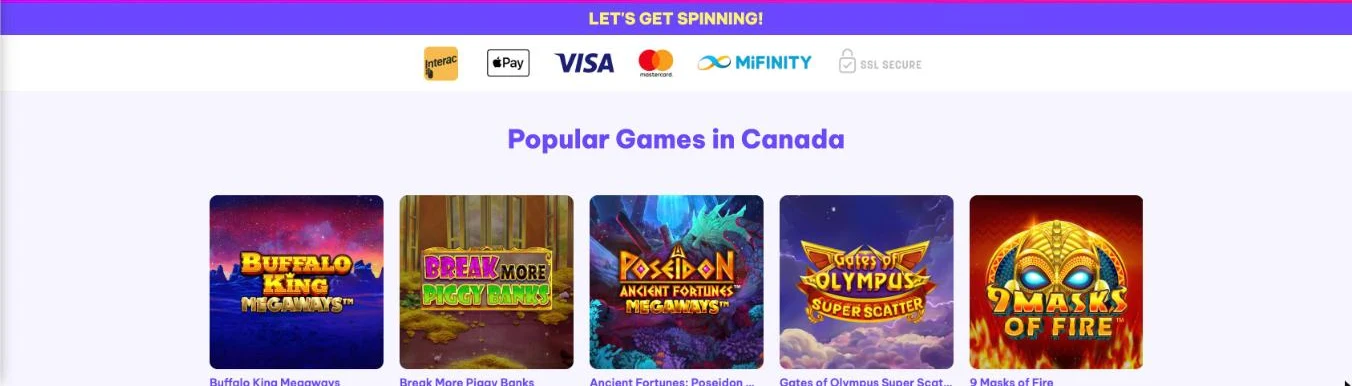 Screenshot of the Spinz Canada lobby showing Interac, Apple Pay, Visa, Mastercard and MiFinity payment logos above the Popular Games in Canada row