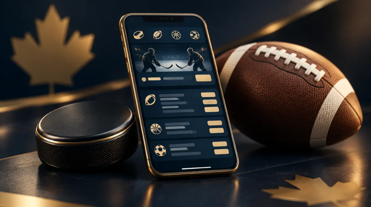 A smartphone betting app next to a hockey puck and a football