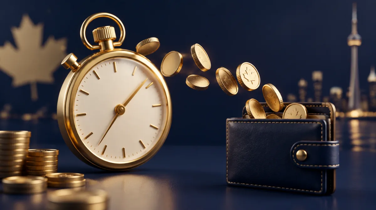A golden stopwatch beside coins flowing into a wallet