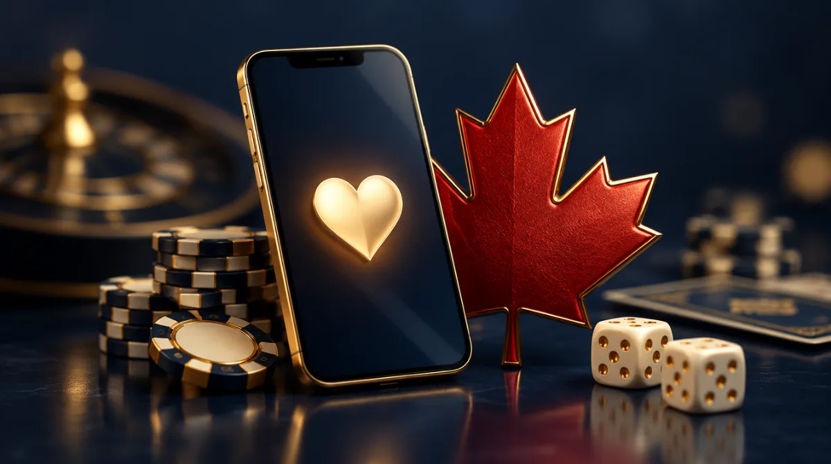 A phone with a soft glowing heart beside a red maple leaf