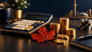 A calculator and gold coins on a desk with a red maple leaf