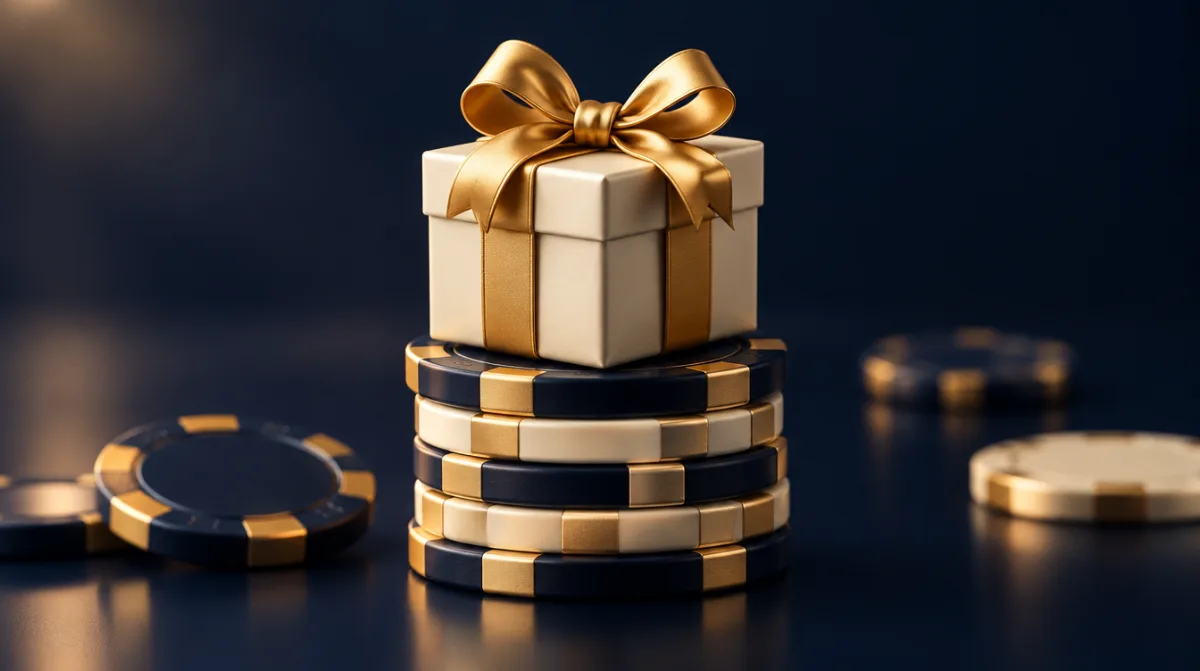 A small stack of chips with a gift box on top