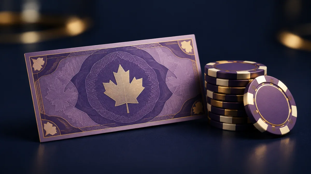 A purple banknote-style note beside a small stack of chips