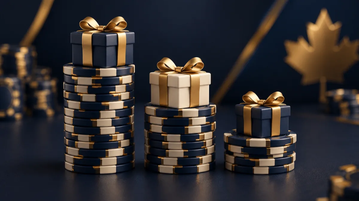 Three chip stacks of different heights, each topped with a small gift box