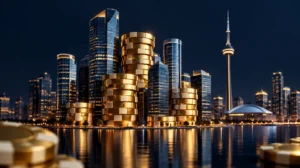 Corporate glass towers at night with golden casino chips stacked like buildings