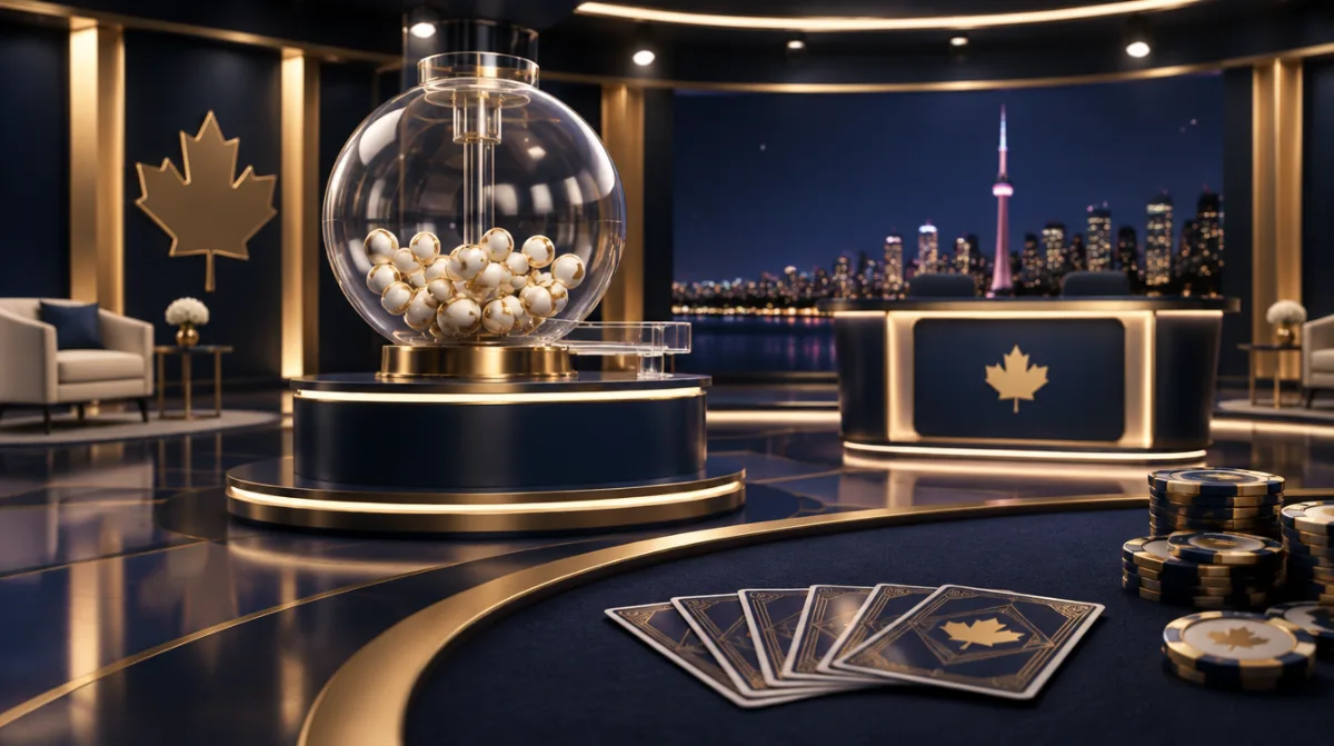 A TV-style game studio with a lottery ball machine and cards