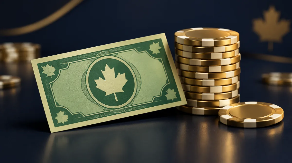 A green banknote-style note beside a stack of gold chips