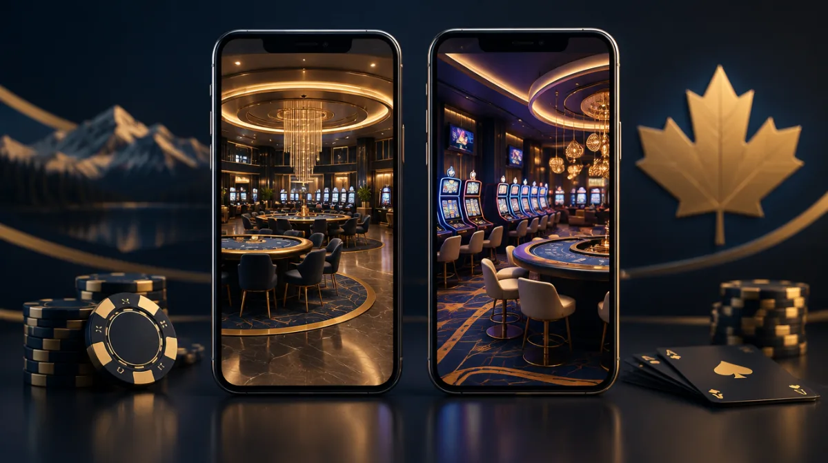 Two smartphones side by side with different casino lobbies