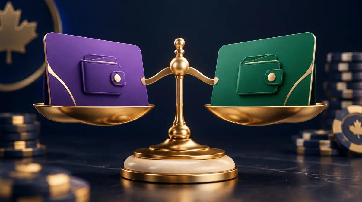 A violet and a green e-wallet card facing each other on a scale