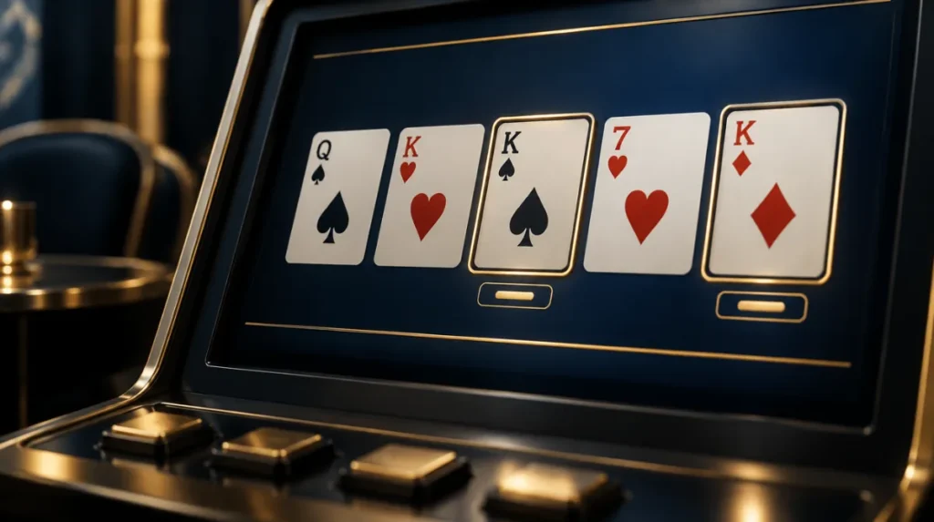 A video poker machine screen showing five playing cards with a held pair