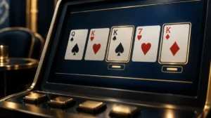 A video poker machine screen showing five playing cards with a held pair