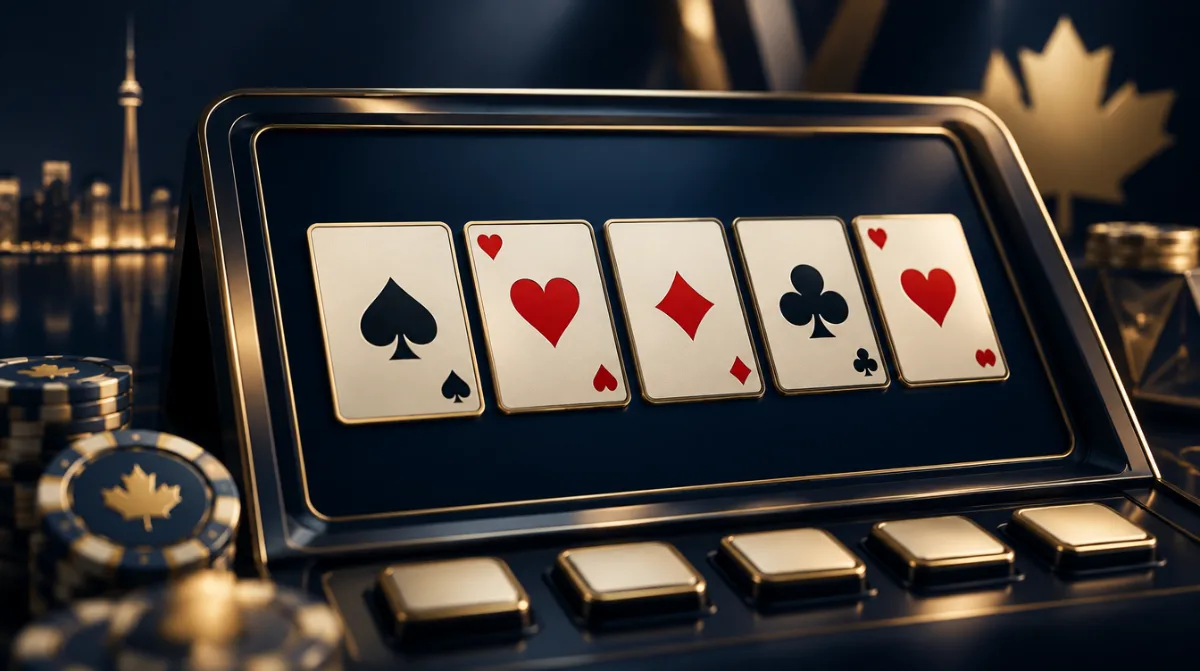 A video poker screen showing a hand of five playing cards