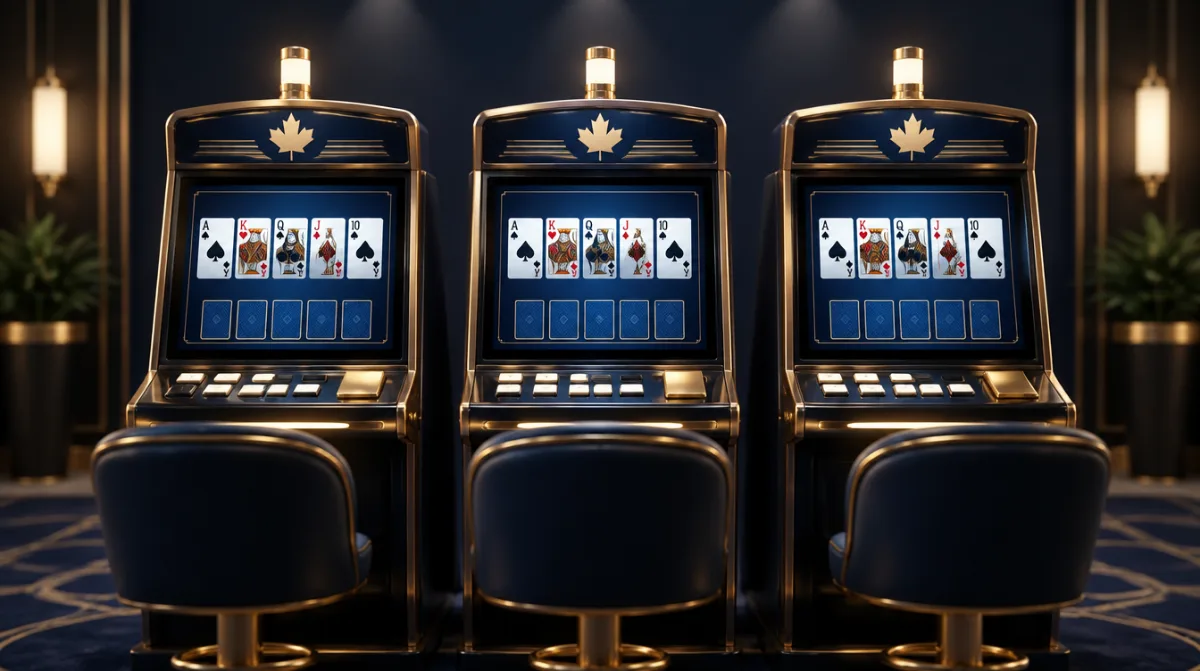 Three video poker machines side by side under soft lights