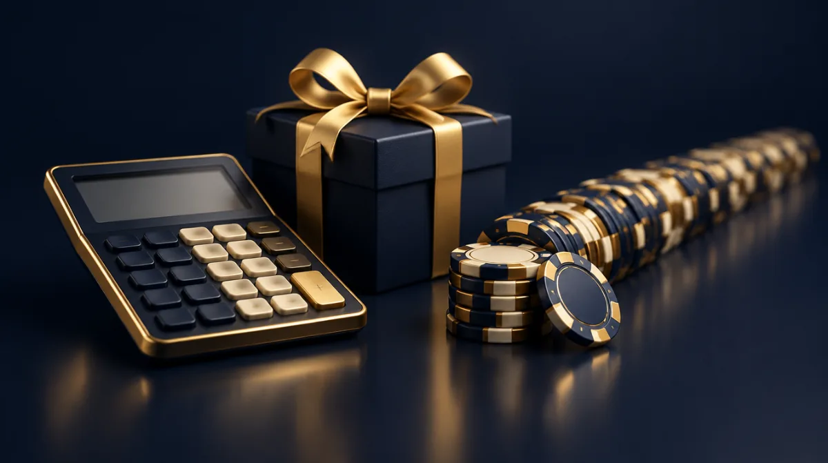 A calculator beside a gift box and a long line of chips