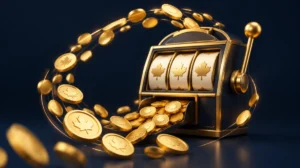 Gold coins flowing out of a slot machine and partly back in, in a circular stream