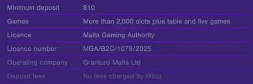 Screenshot of the Wildz Canada site listing its Malta Gaming Authority licence number MGA/B2C/1079/2025 and operating company Granturo Malta Ltd