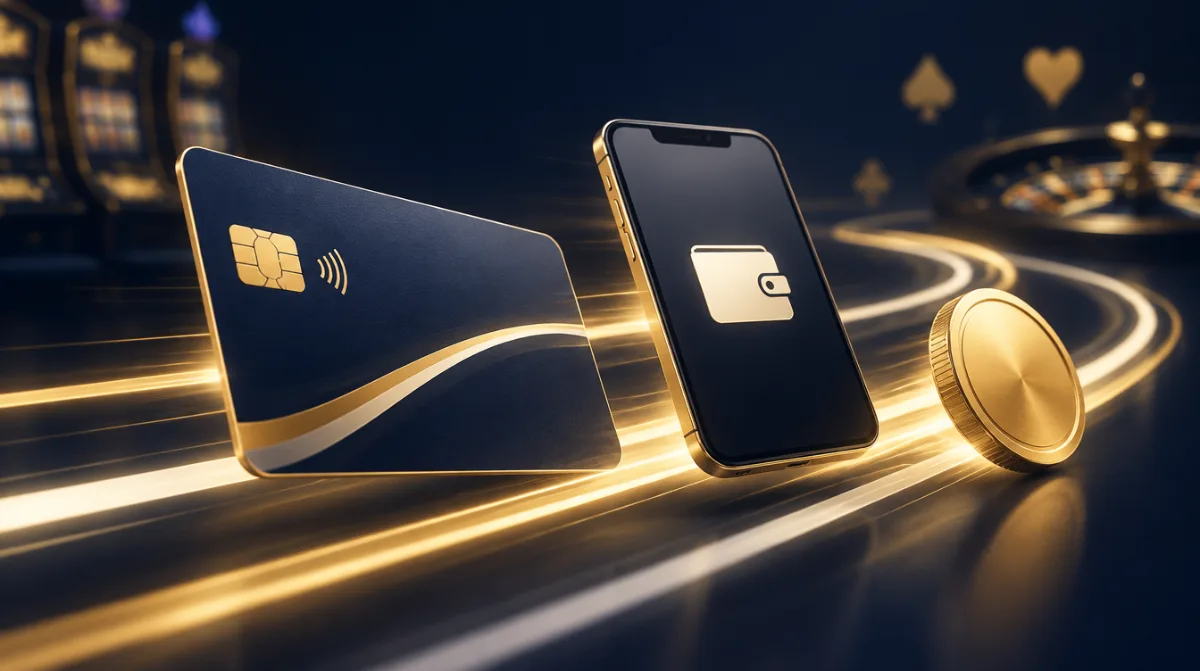 Bank card, e-wallet phone and coin racing along light trails