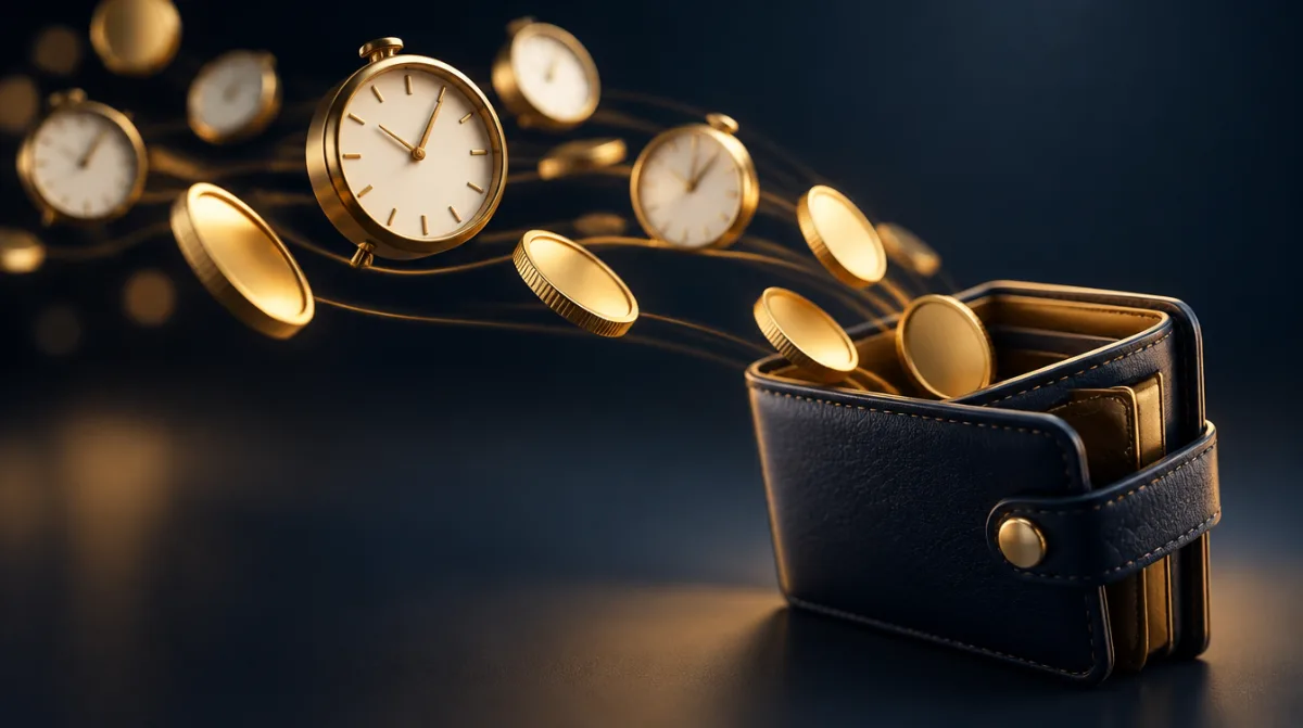 Several small clocks beside coins flowing into a wallet