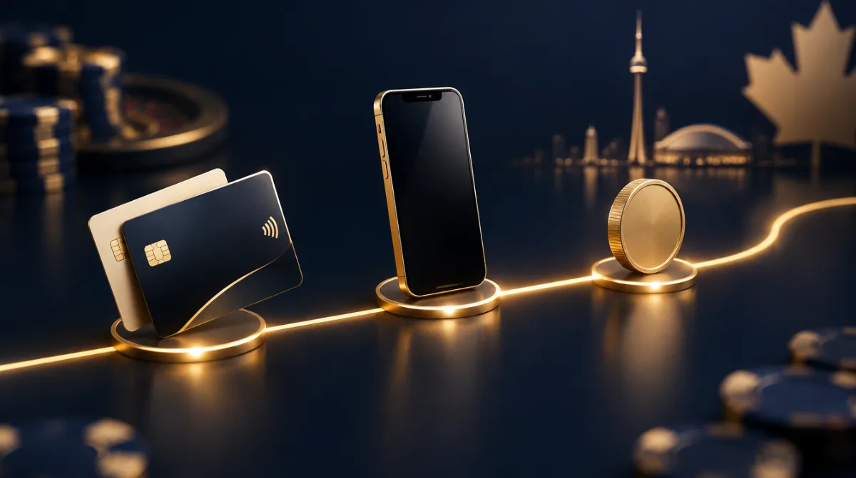 Payment cards, a phone and a coin placed along a glowing timeline