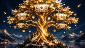 A glowing mythical world tree with slot reels woven into its golden branches