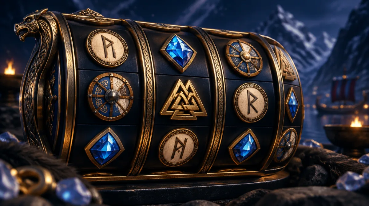 Nordic-inspired slot symbols — runes, shields and gems — on spinning reels